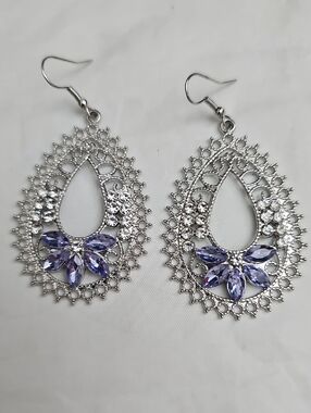 Silver Teardrop Earrings with Lavender Crystals